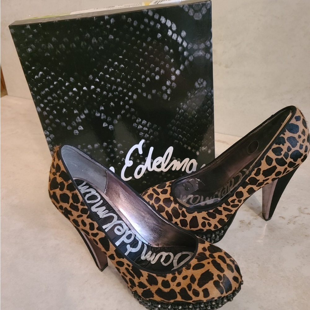 NEW Sam Edelman York Leopard Print Calf Hair Studded Platform Pumps Size 9.5 NIB